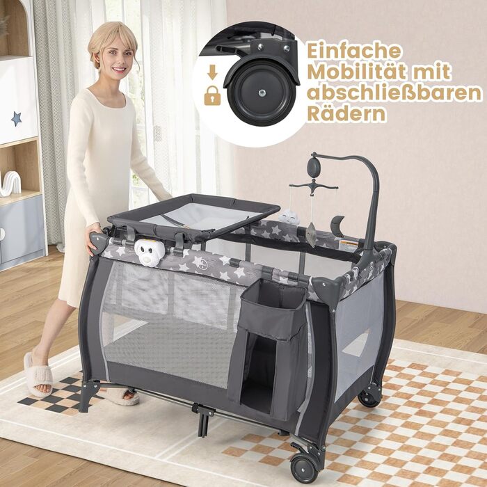 Складане дитяче ліжечко COSTWAY 3 в 1, 2-рівневе дорожнє ліжечко зі складним матрацом, пеленальний килимок, музичний мобіль, ігрова арка та сумка для перенесення, бічний ліжечко з колесами для дитини до 3 років (темно-сірий)