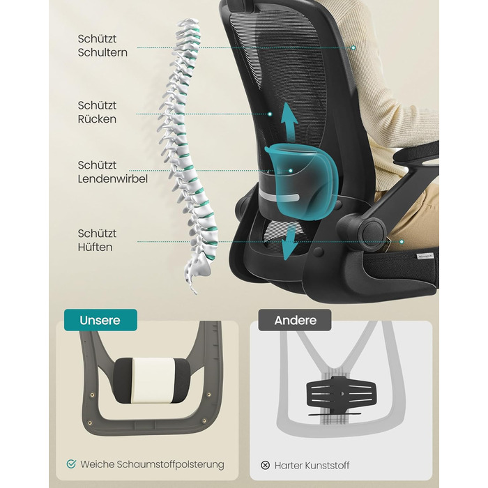 Ергономічне офісне крісло SONGMICS, обертове крісло з сіткою, поперековою частиною та підголівником, функція гойдання, розмір сидіння 53 см, складні підлокітники, для роботи та спальні, для студентів, чорне OBN37BK Чорний без підголівника