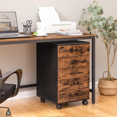 Шафа для документів HOOBRO, мобільна підставка з 5 шухлядами, дерев&39яна офісна шафа, комод для зберігання речей, індустріальний стиль, легке складання, сільський колір, темно-коричневий та чорний EBF05WJ01G1