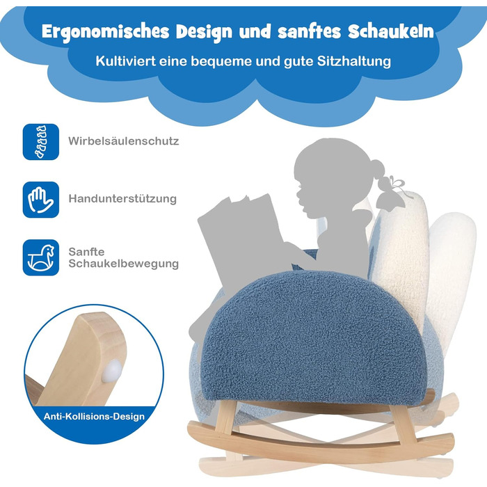 Дитячий диван COSTWAY, дитяче крісло-гойдалка, крісло-ведмедик, оксамитовий матеріал та ніжки з масиву дерева, дизайн із захистом від перекидання, міні-крісло для дитячої кімнати, дитяче крісло для малюків 3-5 років (синє)