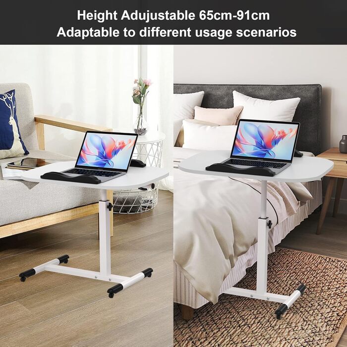 Невеликий розкладний стіл, бічний столик на колесах, регульований по висоті, комп&39ютерний стіл, мобільний стіл для роботи стоячи, ергономічний, поворотний на 360 (білий, 60 x 40 x 61 95 см) 60x40x61-95 см Білий
