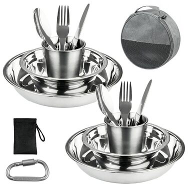 Набір посуду для кемпінгу на 2 особи - нержавіюча сталь 304, тарілки, миски, чашки та столові прибори, чохол та карабін, портативний посуд для пікніків, барбекю та відпочинку на природі (13 предметів)