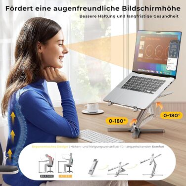 Підставка для ноутбука FoldWise X Алюмінієва, поворотна на 360, складана, з регулюванням висоти та кута нахилу Стабільна та портативна підставка для ноутбука, тримач для MacBook та компютера діагоналлю 11-18 дюймів, срібляста