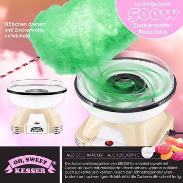 Набір машин для виробництва солодкої вати KESSER для вашого дому - З 30 паличками солодкої вати та мірною ложкою - Ретро машина для виробництва солодкої вати - Машина для виробництва солодкої вати з аксесуарами - Висота 22 см - 500 Вт Кремовий Білий Кремо