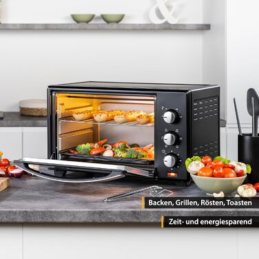 Літрова міні-піч 1600 Вт чорний Верхній/нижній нагрів до 230 градусів Плавне регулювання температури Таймер на 60 хвилин Подвійні скляні двері Міні-піч Лоток для крихт 30 л Аналогічні, 30-