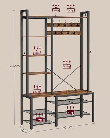 Вішалка для пальто VASAGLE з лавкою для взуття, шафа, 5 полиць з ДСП, 9 потрійних гачків, 6 бічних гачків, 40 x 120 x 190 см, вінтажний коричневий-чорний HSR426B01 Вінтажний коричневий чорнильний