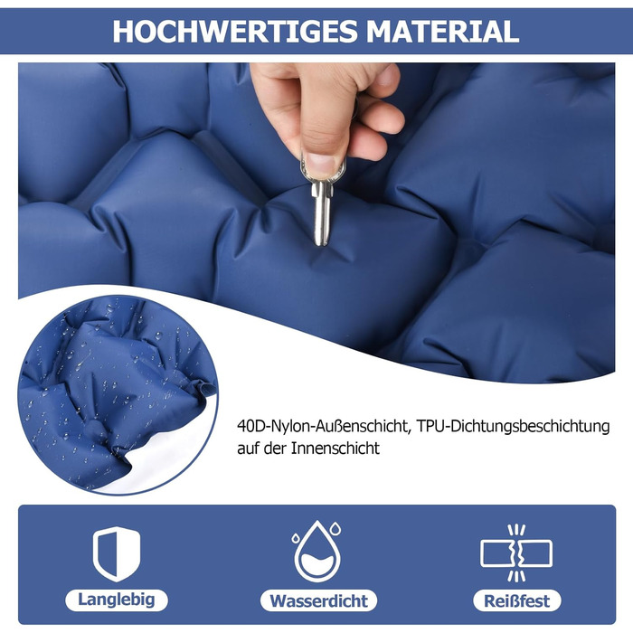 Килимок для сну, надувний матрац висотою 10 см для кемпінгу, невеликий розмір упаковки, надлегкий надувний килимок для сну з ножним насосом, водонепроникний килимок для сну для активного відпочинку, походів, пляжу, синій