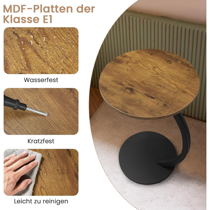 Журнальний столик WOLTU C-подібної форми, круглий журнальний столик, столик для дивана, маленький столик для дивана, ліжка, з металевим каркасом та стільницею з МДФ, індустріальний стиль, 40 x В 65 см, вінтажний вигляд дерева, BTS21hov