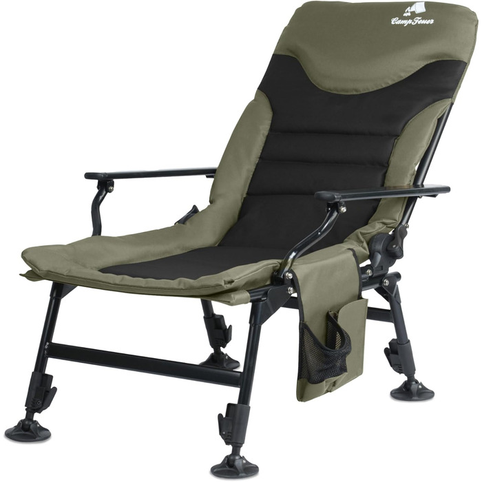 Рибальське крісло CampFeuer кольору моху та зеленого/чорного Кемпінгове крісло з регульованою висотою Складане коропове крісло Вуличне туристичне крісло для кемпінгу, риболовлі в наметі Складане рибальське крісло, коропове крісло, рибальське ліжко