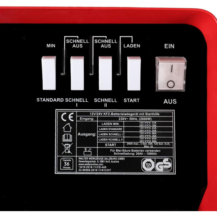 Автомобільний зарядний пристрій WALTER з функцією швидкого запуску 12 В/24 В, перемикач, потужний, чотири налаштування зарядного с
