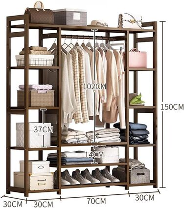 Бамбукова вішалка для одягу, відкрита вішалка для одягу з 13 полицями та 2 рейками для одягу, окремостояча шафа 3 в 1 для вітальні та передпокою 170x30x150см 130x30x150см A