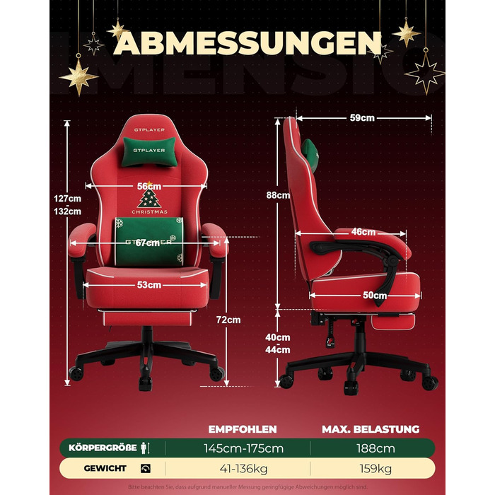 Ігрове крісло GTPLAYER з різдвяним мотивом, ігрове крісло з підставкою для ніг, надзвичайно широке сидіння, з пір&39яною подушкою, вантажопідйомність 150 кг для великих та сильних людей Оксамит