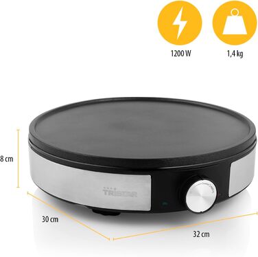 Млинниця Tristar BP-2638 - Діаметр 30 см - У комплекті аксесуари - Термостат - Нержавіюча сталь - чорний 1200 Вт Лита алюмінієва п