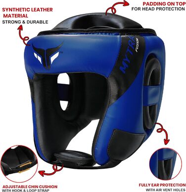 Боксерський шолом Mytra Fusion з регульованим ремінцем, підходить для MMA, муай-тай, спарингу, бойових мистецтв, карате, синій/чорний, розмір S/M