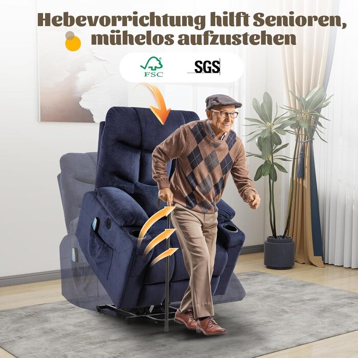 Електричне підйомне крісло, крісло-реклайнер з вібраційним масажем та функцією підігріву, зручне для людей похилого віку крісло для телевізора з безступінчастим регулюванням, пульт дистанційного керування, порт USB та Type-C, 3 положення (синє)