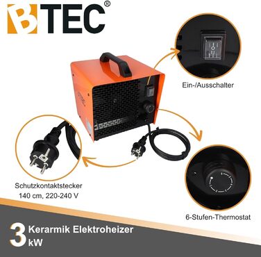 Електричний обігрівач BTEC потужністю 3000 Вт - Керамічні нагрівальні елементи - 2 режими нагріву - Захист від замерзання - Ідеально підходить для будівельних майданчиків, майстерень, гаражів - Радіаційний обігрівач - Обігрівач 3 кВт / 3000 Вт