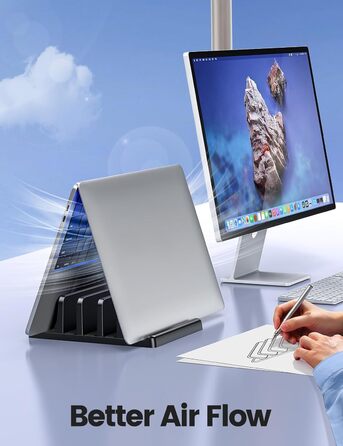 Вертикальна підставка для ноутбука - компактна та регульована, 5-в-1, з 3 слотами для MacBook, ноутбуків, iPad та ноутбуків до 17,3 дюймів - Чорна. Чорний / Schwarz