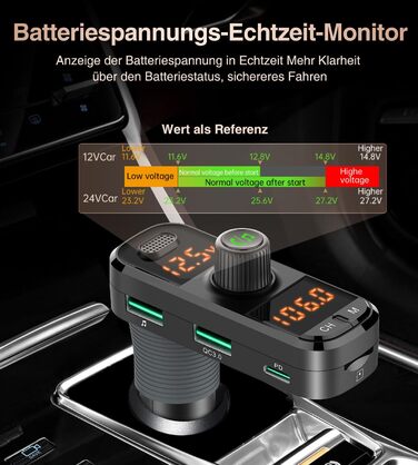 Автомобільний адаптер Bluetooth GizmoVine, FM-передавач автомобіля з двома портами USB, швидка зарядка QC 3.0 Type-C PD, підтримка гучного зв'язку з мобільним телефоном, музичний MP3-плеєр, SD-карта, 7 режимів RGB-підсвічування (BC70 36 Вт AUX чорний)