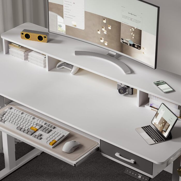 Електричний стіл з регульованою висотою та підставкою для клавіатури, 140x60 см, з 2 шухлядами, комп&39ютерний стіл з підставкою для монітора для домашнього офісу, білий, 140 x 60 см з підставкою для клавіатури