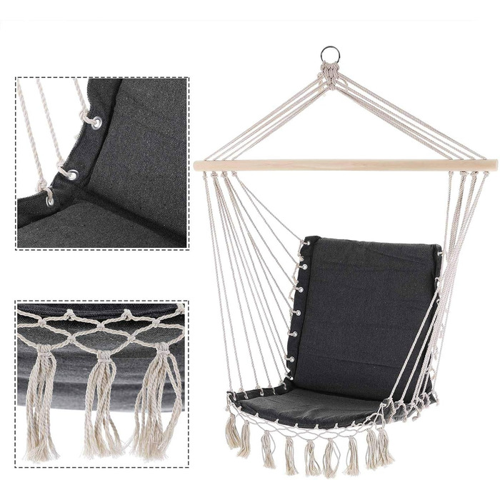 Підвісне крісло DETEX Вантажопідйомність 150 кг Подушка сидіння Макраме Вулична/Приміщень Підвісна гойдалка Підвісне крісло Підвісна гойдалка Крісло-гойдалка Сіре