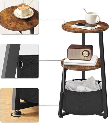 Круглий бічний столик HOOBRO, трирівнева тумбочка з полицями та тканинною кишенею, журнальний столик для невеликих приміщень, столик-диван, столик для перекусу, для вітальні, спальні, вінтажний коричневий та чорний EBFB169BZ01