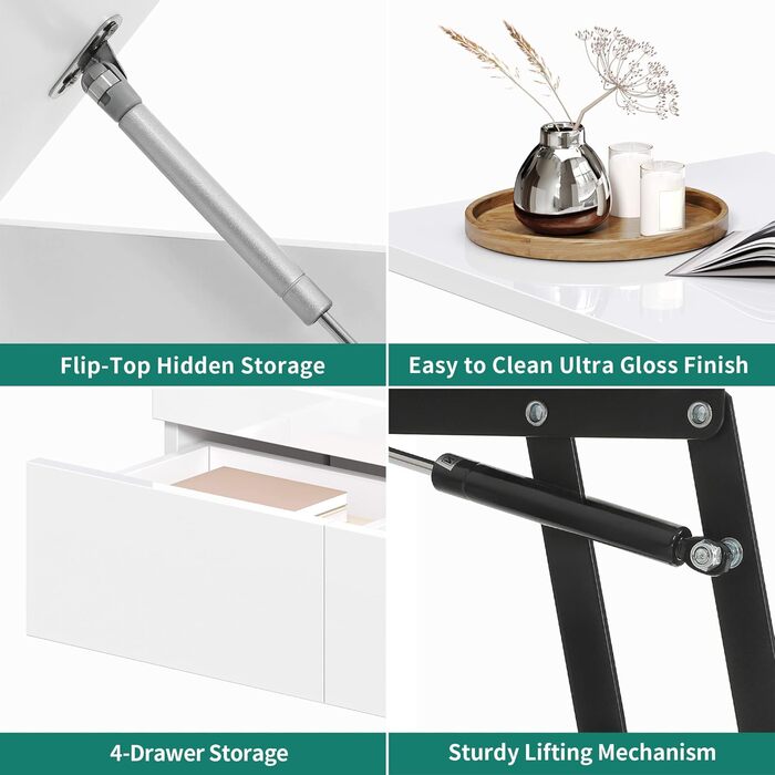 Журнальний столик з регульованою висотою та 4 шухлядами, глянцевий стіл для вітальні зі світлодіодним підсвічуванням, журнальний столик з місцем для зберігання, білий, 80x55x46 см