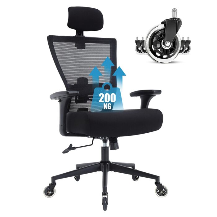 Офісний стілець Bosmiller 200 кг, ергономічний стілець XXL, обертовий стілець з 3D-підлокітниками, регульованим підголівником, крісло керівника, сітчастий офісний стілець, сірий