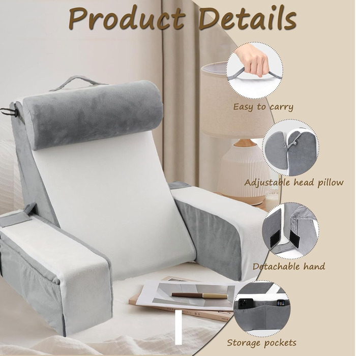 Велика подушка для читання для ліжка та дивана, подушка для спини дорослого з підлокітниками та ергономічною подушкою для спини з кишенею та чохлом, який можна прати, для відпочинку, читання та перегляду телевізора (білий колір)