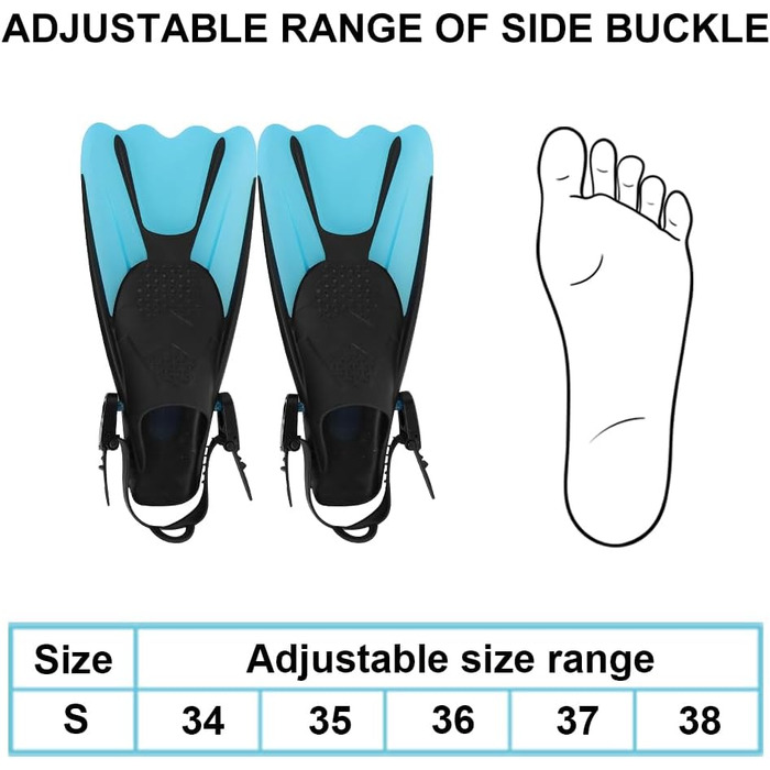 Ласти для снорклінгу, регульовані ласти для дайвінгу, короткі з сумкою для перенесення, ласти для плавання для дітей та дорослих, розмір 34-38, легкі дорожні ласти для плавання та снорклінгу, сині, S