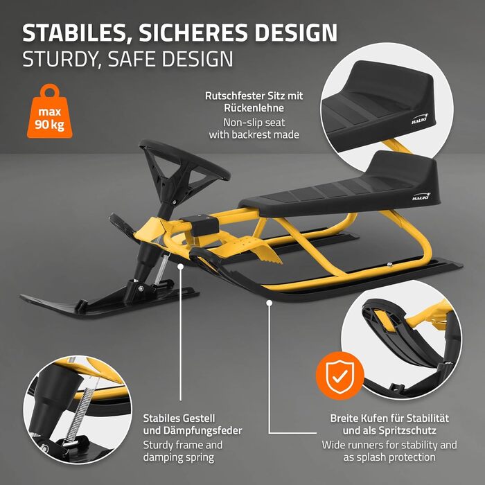 Німеччина Санки з кермом, дитячі санки від 5 років, скібоб для дітей та дорослих до 90 кг, санки з кермом, ножні гальма, тяговий т