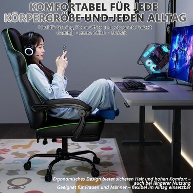 Ергономічне ігрове крісло, офісне крісло з підставкою для ніг, регульоване по висоті та нахилу, надзвичайно широке сидіння (51 см), ергономічна поперекова опора, вантажопідйомність до 150 кг, зелений колір