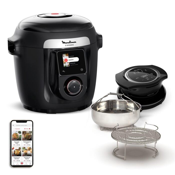 Мультиварка-скороварка Moulinex Cookeo Wi-Fi з функцією Extra Crisp, 14 режимів приготування, Air Fryer, покрокові рецепти, CE96X8F0, чорна