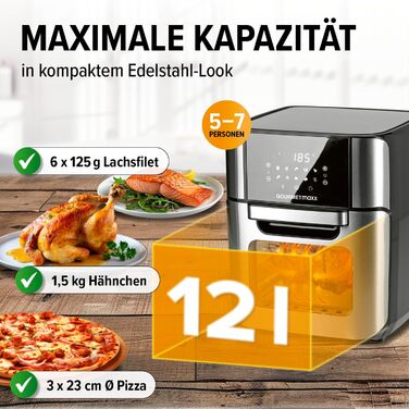 Цифрова фритюрниця GOURMETmaxx 12 л, духова шафа з нержавіючої сталі XXL Мультипіч таймер, сенсорний дисплей, гриль Нежирне, енергозберігаюче смаження 10 програм в т.ч. піца 1800 Вт нержавіюча сталь / чорний 12 літрів