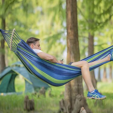 Двомісний гамак Nakeey 280 x 150 см, Вуличні гамаки Rod Hammock для подорожей, кемпінгу, пішохідного саду, портативний і дихаючий, вантажопідйомність до 300 кг, сині смуги