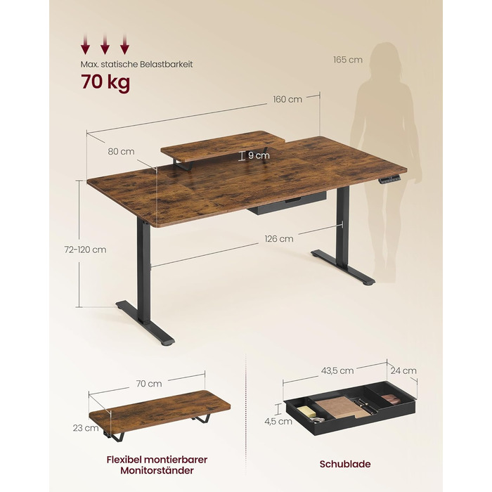 Письмовий стіл з регульованою висотою, 160 x 80 см, гнучка підставка для монітора, шухляда, порт USB-C, нагадування про тривале сидіння, для офісу, вінтажний коричневий LSD156KD01 160 x 80 см вінтажний коричневий