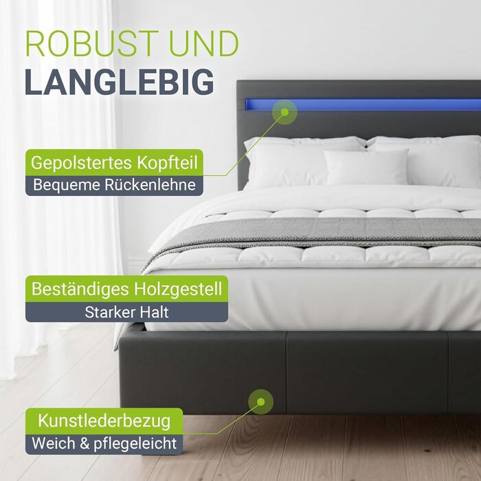 Ліжко Juskys Paris з м&39якою поверхнею 120x200 см - Каркас ліжка зі світлодіодним освітленням, рейковою основою та матрацом - сірий - штучна шкіра - Односпальне ліжко, дитяче ліжко, темно-сірий 120 x 200 см