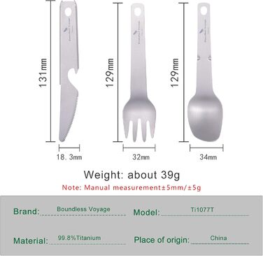 Набір титанових кемпінгових столових приборів iBasingo для кемпінгу, на відкритому повітрі, ложка, ніж, виделка, відкривачка для пляшок, невеликий легкий багаторазовий набір столових приборів для кемпінгу, риболовлі, походів, пікніка, барбекю, 3 шт. Ti107
