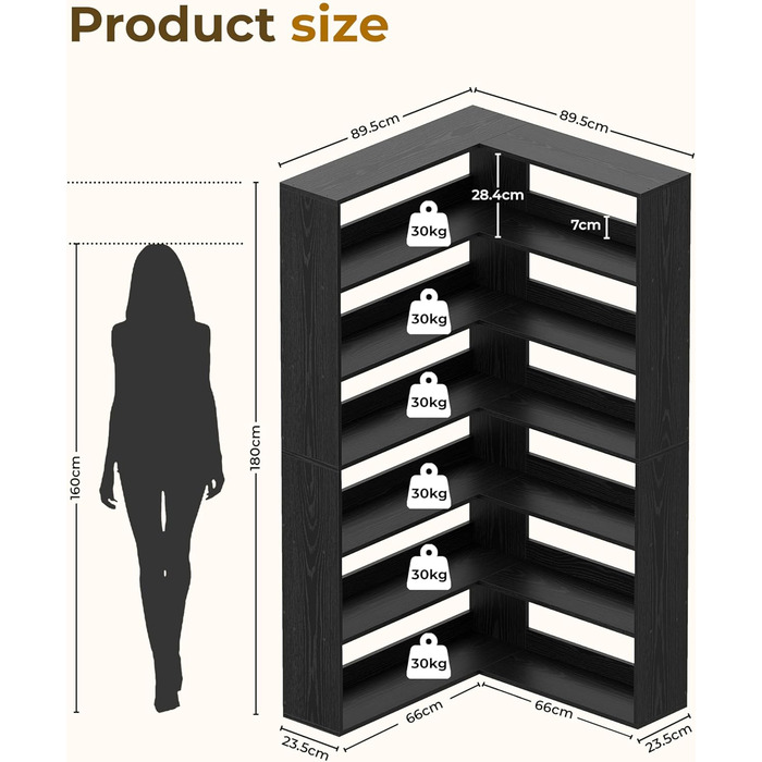 Книжкова полиця IRONCK, 6 ярусів, кутова полиця, висота 180 см, окремостояча дерев&39яна L-подібна відкрита полиця, полиця для зберігання речей для кабінету, офісу, вітальні, спальні (чорна)