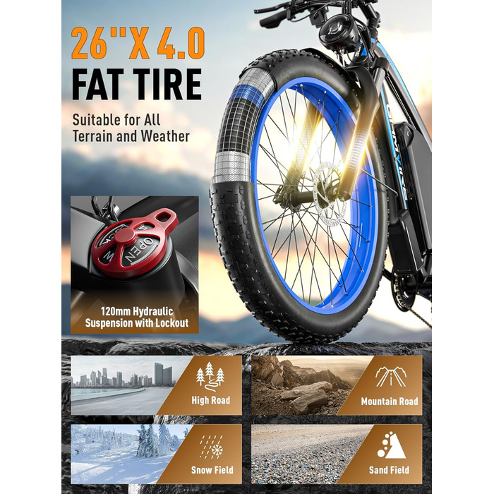 Електричний велосипед V7 для дорослих, гірський електровелосипед 264.0 дюймів з товстими шинами, акумулятор 52 В 19.2 Аг, гідравлічні гальма, 21-швидкісний електровелосипед