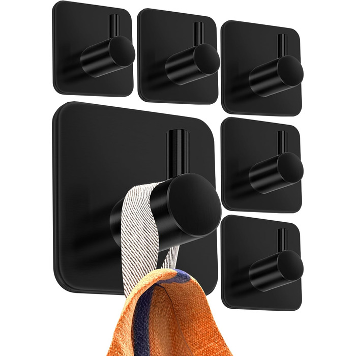 Рушникосушка 4smile без свердління, комплект з 6 шт. - Чорні гачки для рушників у ванній кімнаті як практичні клейкі гачки - Висок