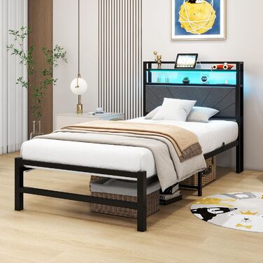 М&39яке ліжко 90x200 см, металеве ліжко, односпальне ліжко, каркас ліжка зі світлодіодним освітленням та зарядною станцією, каркас ліжка з місцем для зберігання речей, дитяче ліжко, гостьове ліжко, каркас ліжка з узголів&39ям, темно-сірий колір 90 x 200 с