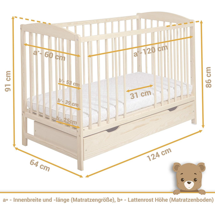 Дитяче ліжко/ліжечко для новонароджених 60x120 см ліжечко з шухлядою, регульованою по висоті рейковою основою та знімними поручнями, трансформується в дитяче ліжко S-120