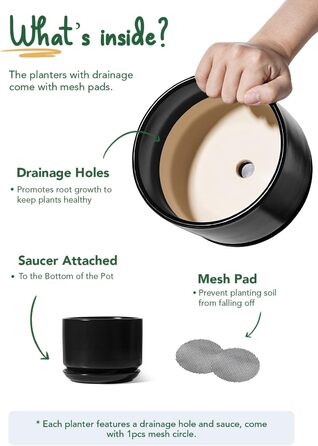 Набір з 3 керамічних квіткових горщиків, діаметром 111317 см, набір для невеликих кашпо, квітковий горщик для кімнатних рослин з блюдцем та дренажним отвором, чорний