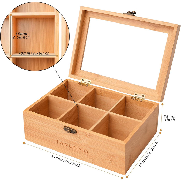 Чайна коробка, бамбук, 6 відділень, чайна скринька з оглядовим віконцем, органайзер для чайних пакетиків, ВxШxГ приблизно 22 x 16 x 9 см, натуральний колір, (1-221609)