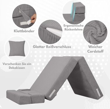 Диван MeMoreCool Cord Play, Дитячий диван, Дитячий диван Glow, Дитячий розкладний диван, Диван-фліп, Дитячий диван, Z-подібне ліжко, Розкладний дитячий диван, Ліжко на підлогу, Розкладний диван для ігрової кімнати, Сірий шнур сірого кольору