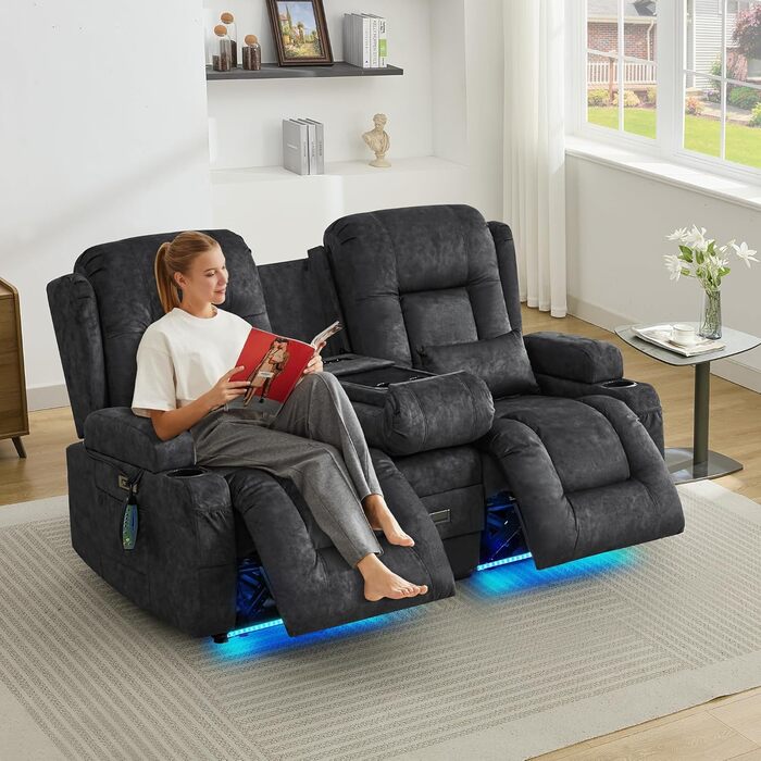 Двомісний крісло-реклайнер з функцією відкидання спинки, електрично регульоване крісло для телевізора з підігрівом та вібромасажем, крісло для домашнього кінотеатру з мультимедійною центральною консоллю, оксамит, сірий. Сірий двомісний крісло з консоллю