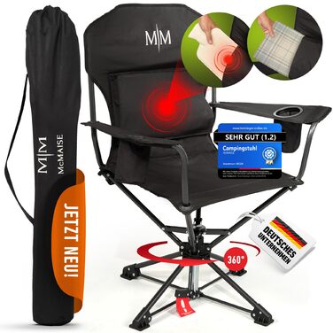 Складаний кемпінговий стілець, чорний, до 150 кг, із задньою кишенею для подушки або грілкової пляшки, обертається на 360