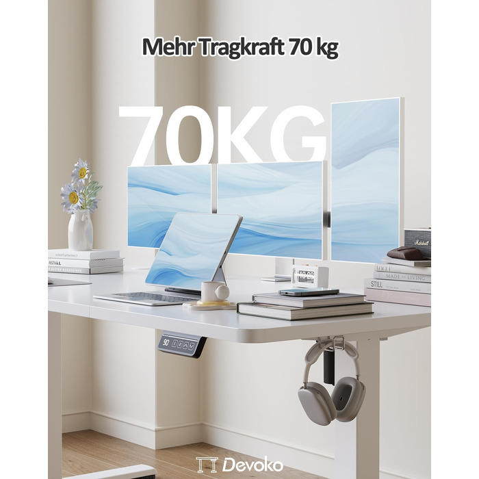 Письмовий стіл Devoko з регульованою висотою, стіл з електричним регулюванням висоти, офісний стіл для роботи сидячи та стоячи, комп&39ютерний стіл з функцією пам&39яті, стіл для роботи стоячи, офісний стіл, 120 x 60 см, білий