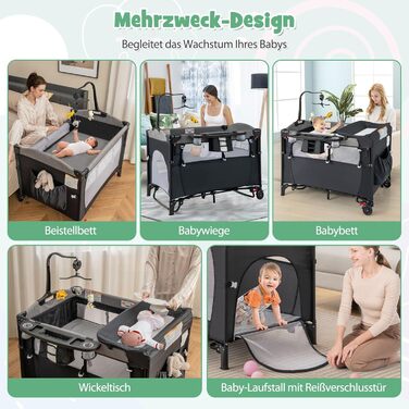 Дорожнє ліжечко 5 в 1 для немовлят, 120 x 60 см, приліжкове ліжко з матрацом та пеленальний столик, музичний мобіль та іграшки, дитяче ліжечко з регульованою висотою для немовлят від народження (темно-сірий)