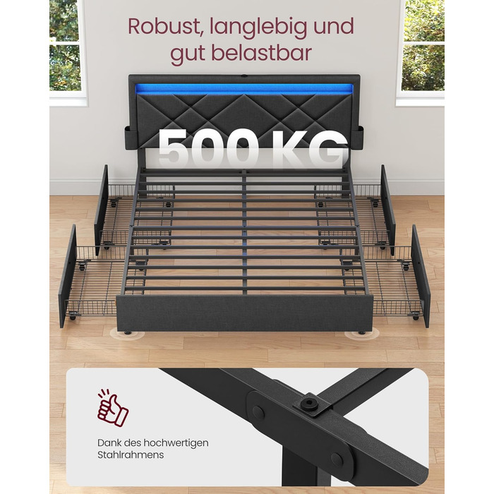 Каркас двоспального ліжка VASAGLE, Каркас ліжка, 180 x 200 см, LED, Металеве ліжко, 4 шухляди, Зарядна станція, Регульоване м&39яке узголів&39я, Темно-сірий RMB825GN02 Темно-сірий 180 x 200 см